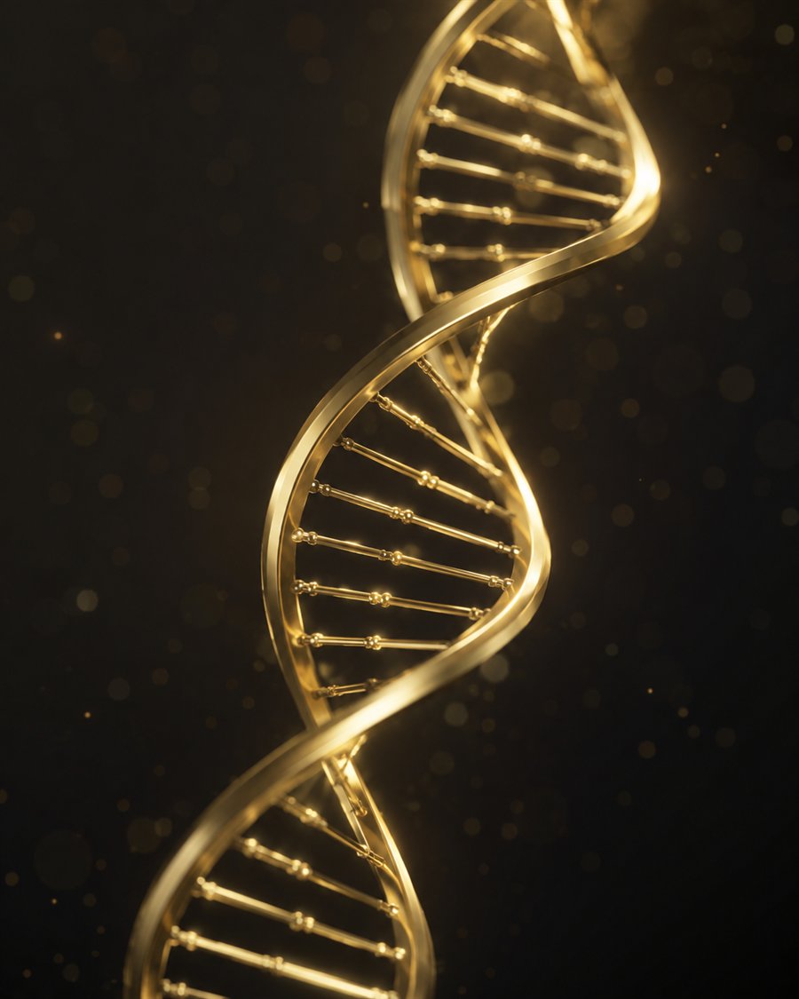 Doble hélice de ADN dorada — medicina de precisión